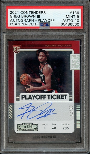 2021 CONTENDERS PLAYOFF AUTOGRAPH 136 GREG BROWN III PSA MINT 9 PSA/DNA AUTO 10