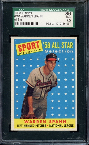 1958 TOPPS 494 WARREN SPAHN ALL STAR SGC NM+ 86 / 7.5