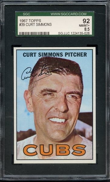 1967 TOPPS 39 CURT SIMMONS SGC NM/MT+ 92 / 8.5