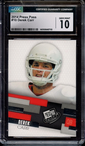 2014 PRESS PASS 10 DEREK CARR CGC GEM MINT 10