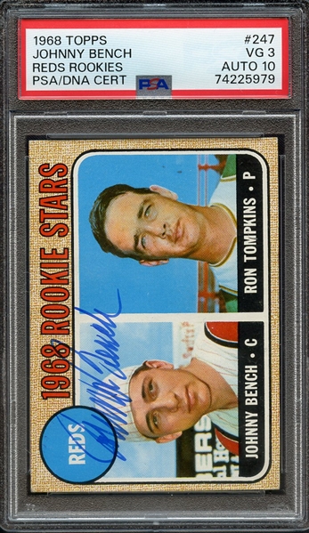 1968 TOPPS 247 SIGNED JOHNNY BENCH PSA VG 3 PSA/DNA AUTO 10