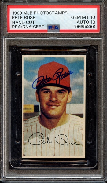 1969 MLB PHOTOSTAMPS SIGNED PETE ROSE PSA GEM MT 10 PSA/DNA AUTO 10