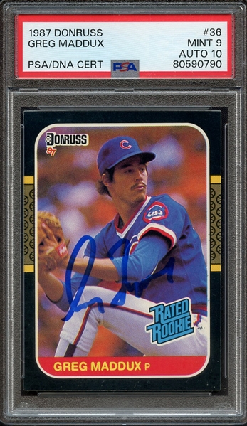 1987 DONRUSS 36 SIGNGED GREG MADDUX PSA MINT 9 PSA/DNA AUTO 10