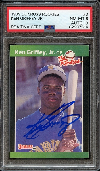 1989 DONRUSS ROOKIES 3 SIGNED KEN GRIFFEY JR PSA NM-MT 8 PSA/DNA AUTO 10