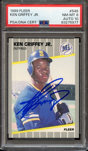 1989 FLEER 548 SIGNED KEN GRIFFEY JR PSA NM-MT 8 PSA/DNA AUTO 10