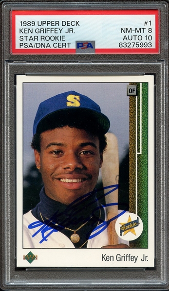 1989 UPPER DECK 1 SIGNED KEN GRIFFEY JR PSA NM-MT 8 PSA/DNA AUTO 10