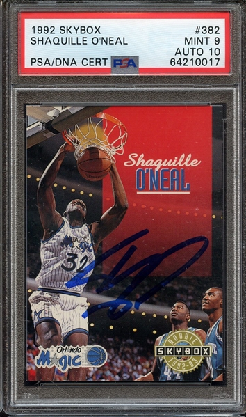 1992 SKYBOX 382 SIGNED SHAQUILLE O'NEAL PSA MINT 9 PSA/DNA AUTO 10