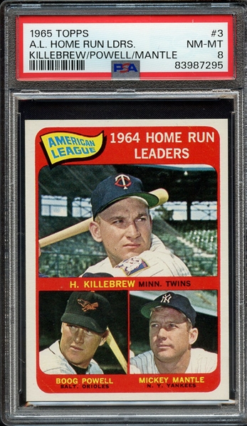 1965 TOPPS 3 A.L. HOME RUN LDRS. KILLEBREW/POWELL/MANTLE PSA NM-MT 8