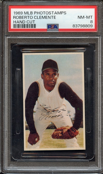 1969 MLB PHOTOSTAMPS ROBERTO CLEMENTE HAND CUT PSA NM-MT 8