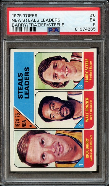 1975 TOPPS 6 NBA STEALS LEADERS BARRY/FRAZIER/STEELE PSA EX 5