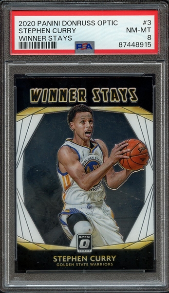 2020 PANINI DONRUSS OPTIC WINNER STAYS 3 STEPHEN CURRY WINNER STAYS PSA NM-MT 8