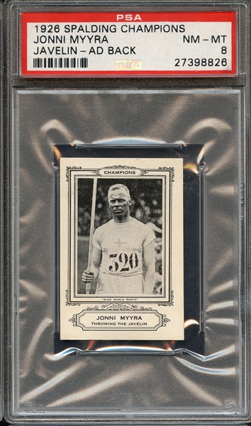 1926 SPALDING CHAMPIONS JONNI MYYRA JAVELIN-AD BACK PSA NM-MT 8