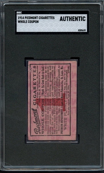 1914 PIEDMONT CIGARETTES WHOLE COUPON SGC AUTHENTIC