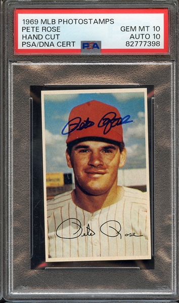 1969 MLB PHOTOSTAMPS SIGNED PETE ROSE PSA GEM MT 10 PSA/DNA AUTO 10