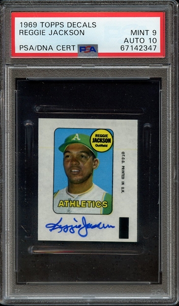 1969 TOPPS DECALS SIGNED REGGIE JACKSON PSA MINT 9 PSA/DNA AUTO 10