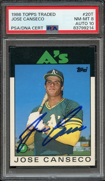 1986 TOPPS TRADED 20T SIGNED JOSE CANSECO PSA NM-MT 8 PSA/DNA AUTO 10