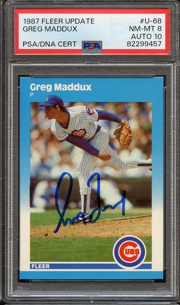 1987 FLEER UPDATE U68 SIGNED GREG MADDUX PSA NM-MT 8 PSA/DNA AUTO 10