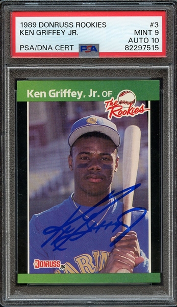 1989 DONRUSS ROOKIES 3 SIGNED KEN GRIFFEY JR PSA MINT 9 PSA/DNA AUTO 10