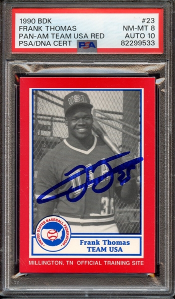 1990 BDK PAN AM TEAM USA RED 23 SIGNED FRANK THOMAS PSA NM-MT 8 PSA/DNA AUTO 10