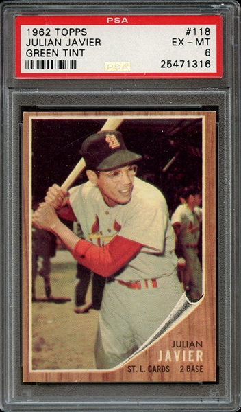 1962 TOPPS 118 JULIAN JAVIER GREEN TINT PSA EX-MT 6