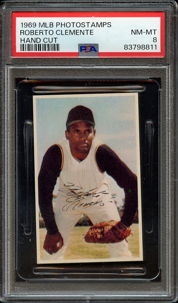 1969 MLB PHOTOSTAMPS ROBERTO CLEMENTE HAND CUT PSA NM-MT 8