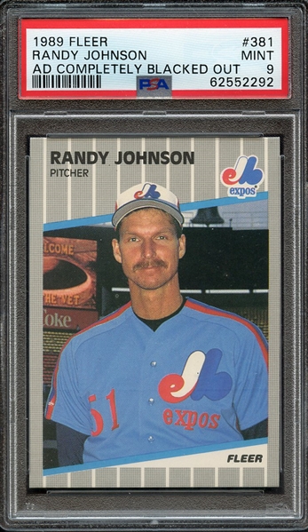 1989 FLEER 381 RANDY JOHNSON AD COMPLETELY BLACKED OUT PSA MINT 9