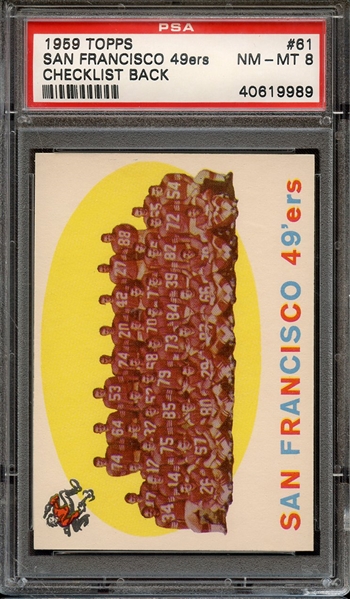 1959 TOPPS 61 SAN FRANCISCO 49ers CHECKLIST BACK PSA NM-MT 8