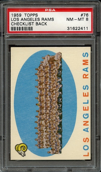 1959 TOPPS 76 LOS ANGELES RAMS CHECKLIST BACK PSA NM-MT 8