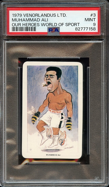 1979 VENORLANDUS LTD. OUR HEROES WORLD OF SPORT 3 MUHAMMAD ALI OUR HEROES WORLD OF SPORT PSA MINT 9