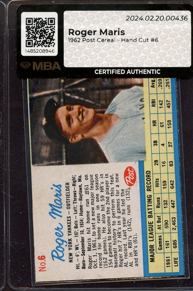 1962 POST CEREAL 6 ROGER MARIS MBA