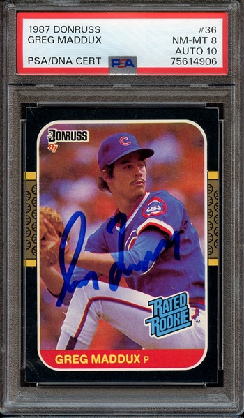 1987 DONRUSS 36 SIGNED GREG MADDUX PSA NM-MT 8 PSA/DNA AUTO 10