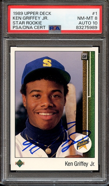 1989 UPPER DECK 1 SIGNED KEN GRIFFEY JR PSA NM-MT 8 PSA/DNA AUTO 10