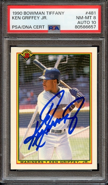 1990 BOWMAN TIFFANY 481 SIGNED KEN GRIFFEY JR PSA NM-MT 8 PSA/DNA AUTO 10