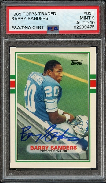 1989 TOPPS TRADED 83T SIGNED BARRY SANDERS PSA MINT 9 PSA/DNA AUTO 10