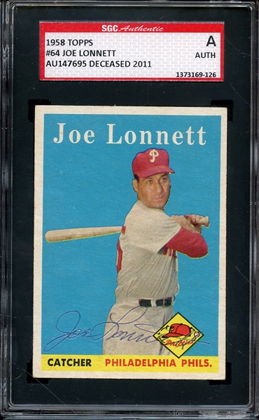 1958 TOPPS 64 SIGNED JOE LONNETT SGC AUTHENTIC