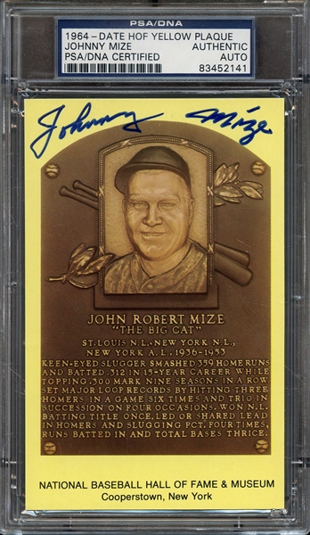 JOHNNY MIZE SIGNED HOF POSTCARD PSA/DNA AUTO AUTHENTIC