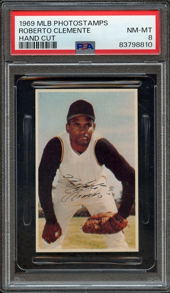 1969 MLB PHOTOSTAMPS ROBERTO CLEMENTE HAND CUT PSA NM-MT 8