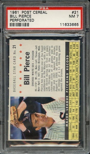1961 POST CEREAL 21 BILL PIERCE PERFORATED PSA NM 7