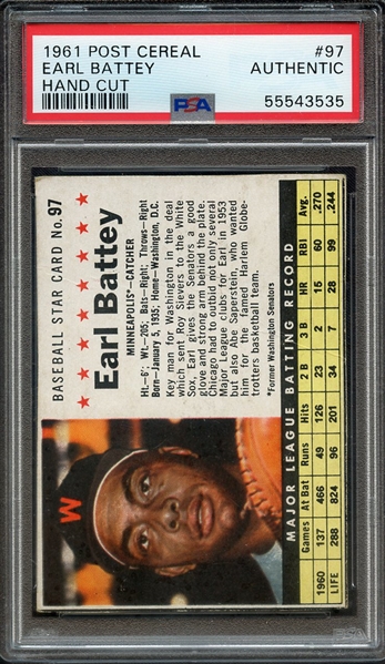 1961 POST CEREAL 97 EARL BATTEY HAND CUT PSA AUTHENTIC