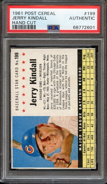 1961 POST CEREAL 199 JERRY KINDALL HAND CUT PSA AUTHENTIC