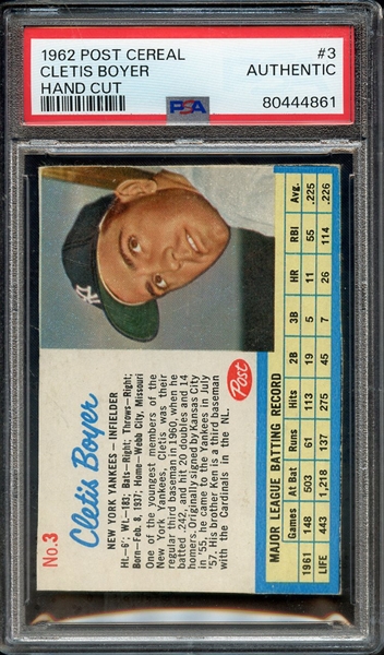 1962 POST CEREAL 3 CLETIS BOYER HAND CUT PSA AUTHENTIC