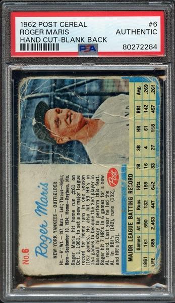 1962 POST CEREAL 6 ROGER MARIS HAND CUT-BLANK BACK PSA AUTHENTIC