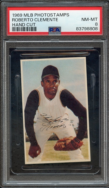 1969 MLB PHOTOSTAMPS ROBERTO CLEMENTE HAND CUT PSA NM-MT 8