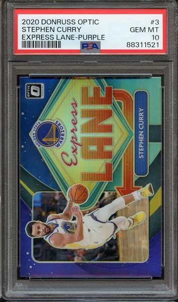 2020 PANINI DONRUSS OPTIC EXPRESS LANE 3 STEPHEN CURRY EXPRESS LANE-PURPLE PSA GEM MT 10