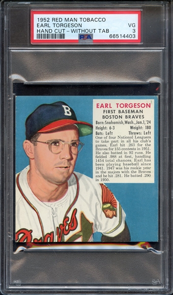 1952 RED MAN TOBACCO EARL TORGESON HAND CUT-WITHOUT TAB PSA VG 3