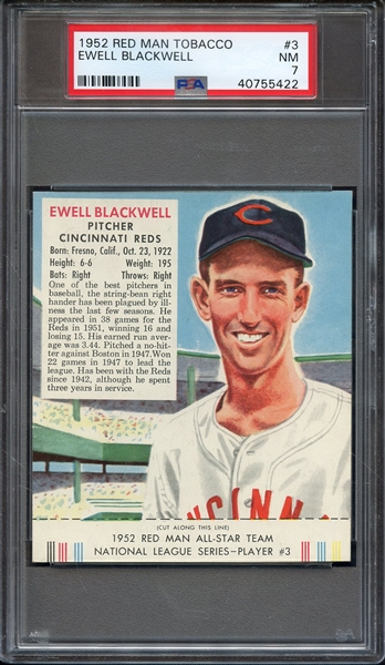 1952 RED MAN TOBACCO 3 EWELL BLACKWELL PSA NM 7