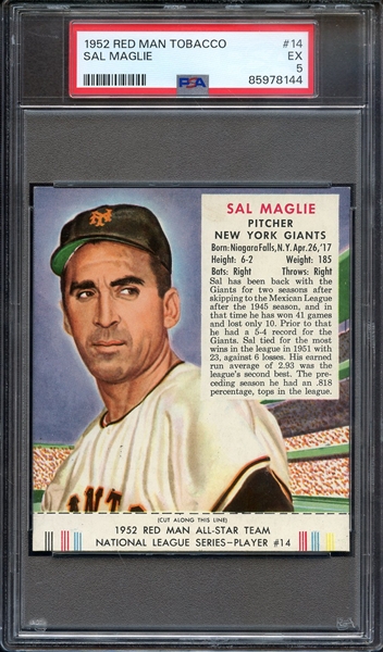 1952 RED MAN TOBACCO 14 SAL MAGLIE PSA EX 5