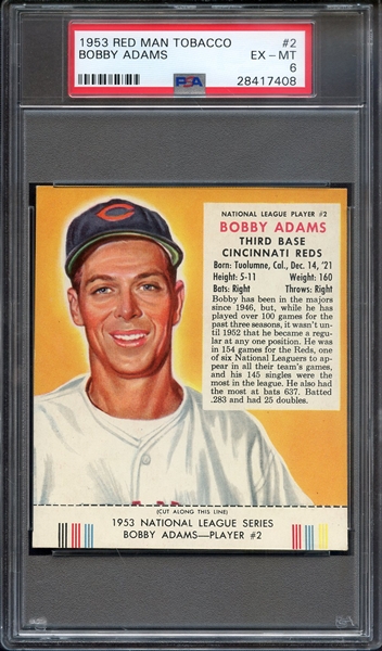 1953 RED MAN TOBACCO 2 BOBBY ADAMS PSA EX-MT 6