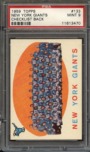 1959 TOPPS 133 NEW YORK GIANTS CHECKLIST BACK PSA MINT 9