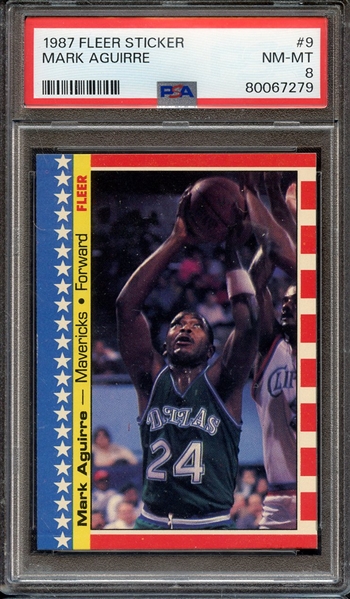 1987 FLEER STICKER 9 MARK AGUIRRE PSA NM-MT 8